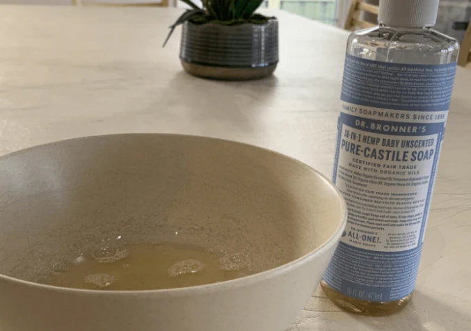 A bottle of organic liquid castile soap, a gentle cleaner for leather furniture.
