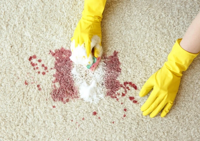 Gloved hands removing blood stain from carpet