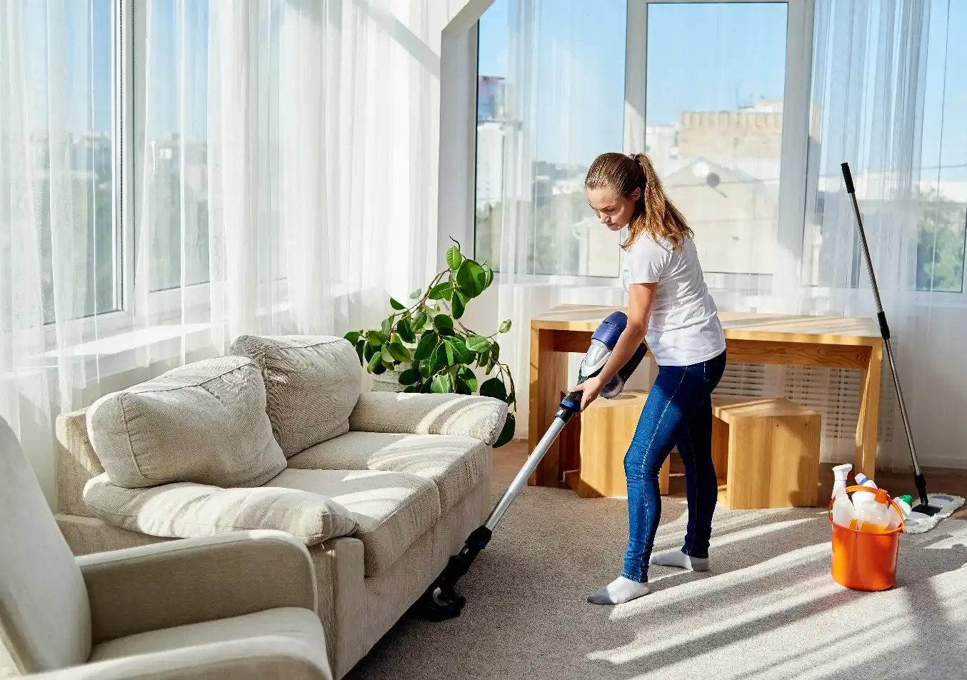 woman using a vacuum to reach under the sofa