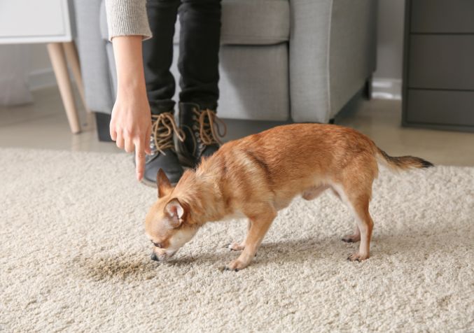 dog looking guilty because of accident on carpet