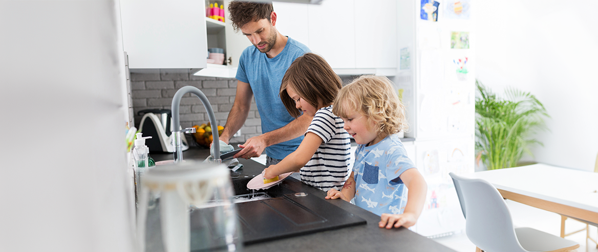 Dad Helping Siblings with Chores